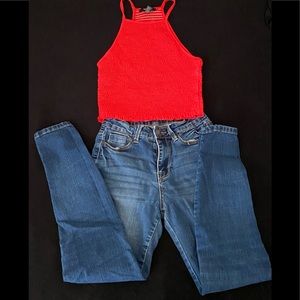 F21 Red Halter Elastic Top + Encore Jeans